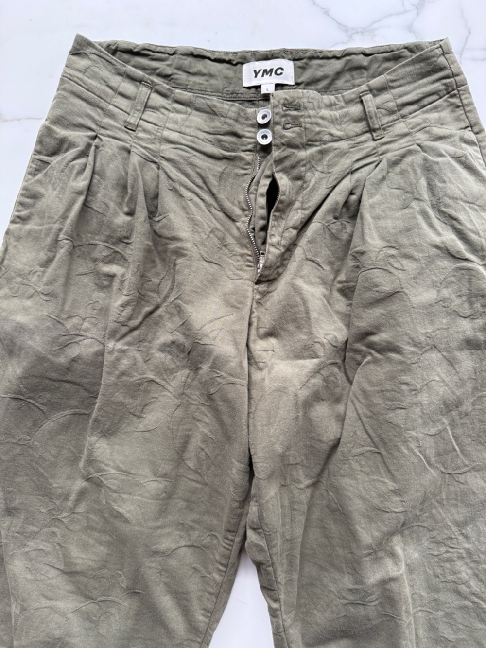 YMC Olive Textured Pleated Trousers